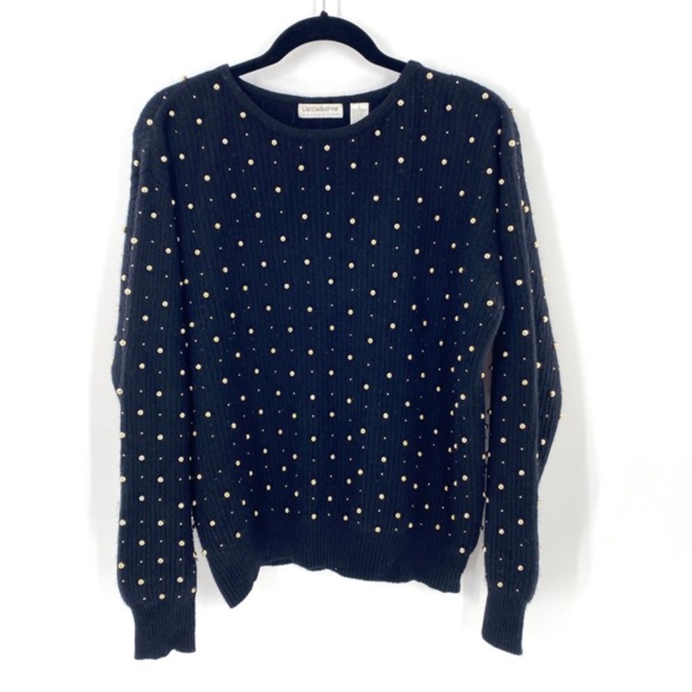 Vintage 90s Liz Claiborne Black Angora Blend Gold Beaded‎ Sweater Womens Sz L